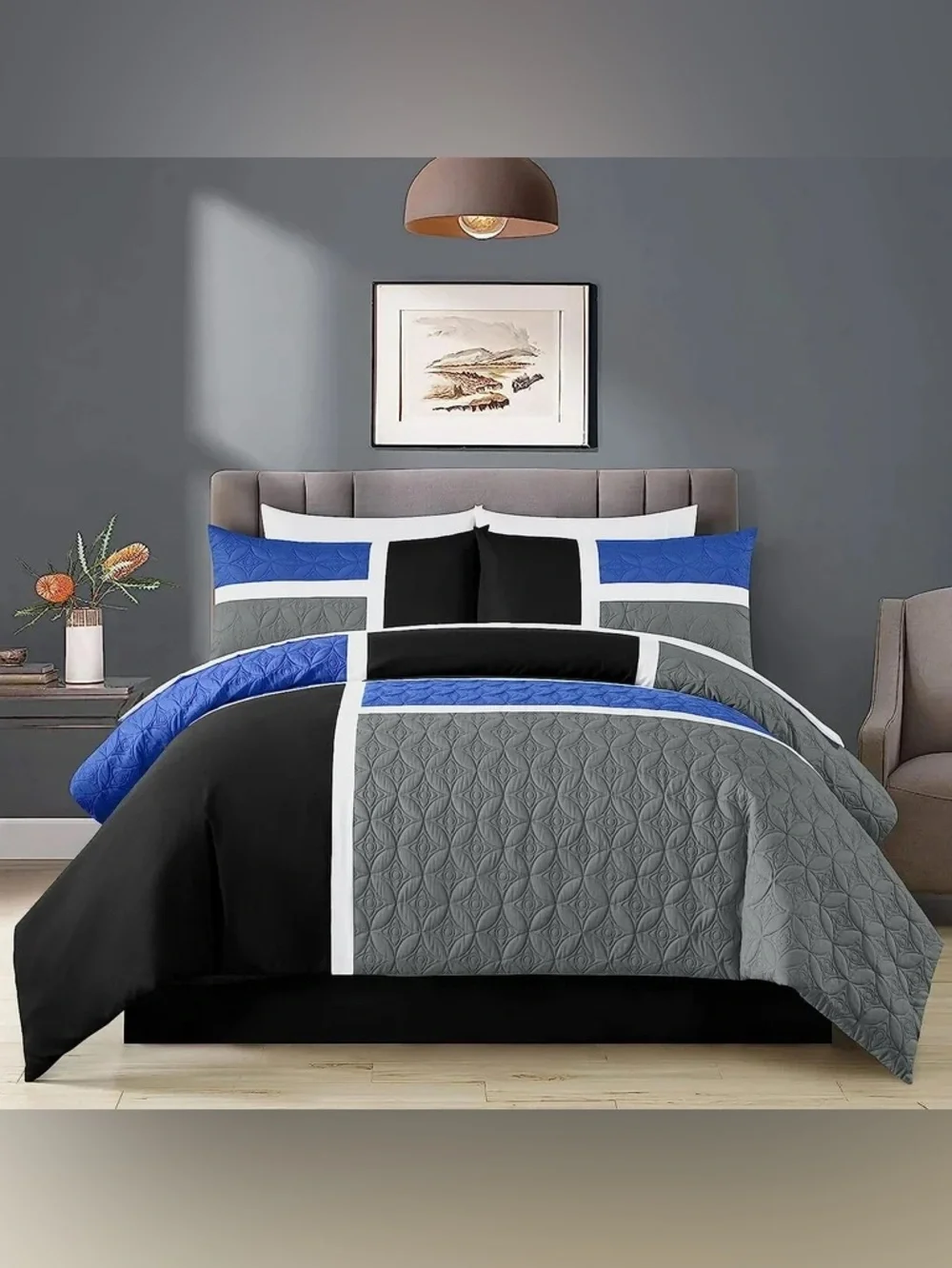 Modern Blue, Black & Gray Geometric king 3 piece comforter set